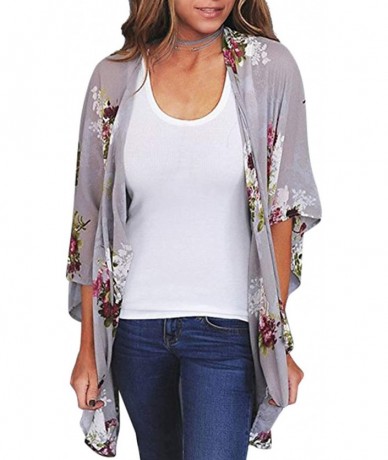 Cover-Ups Women's Floral Kimono Cardigan Casual Loose Open Front Beach Cover Up Blouses Tops - Grey - CM193UQ3KUD $26.18