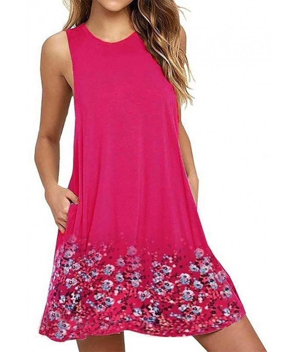 Cover-Ups Sleeveless A line Dress Floral Beach Dress Lounge Tank Dress Tunic Style with Two Pockets Fuchsia - CU19CM5WALU $41.38