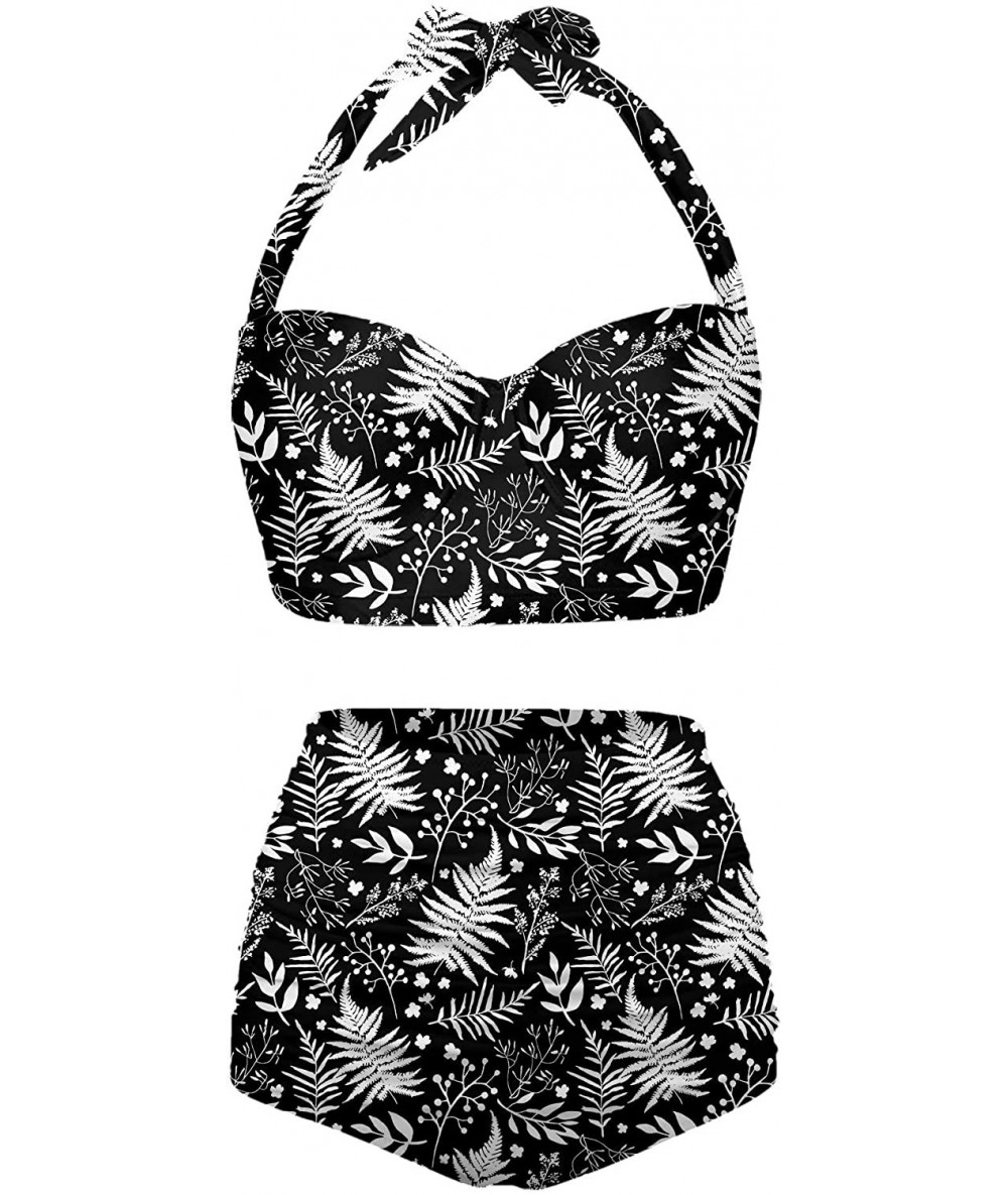 Sets Womens Halter Retro Tropical Leaves Summer Pattern SwimsuitsTwo Piece High Waisted Bikini - White/Black - CS196N77K9Z $6...