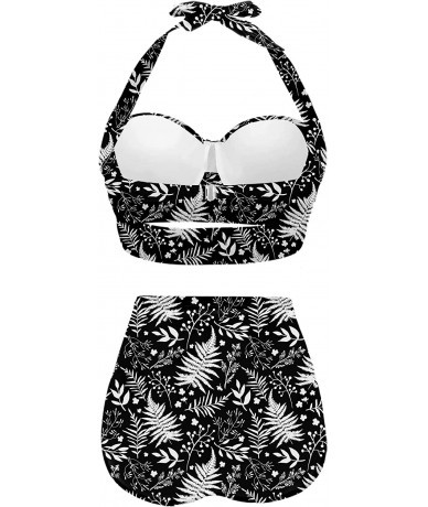 Sets Womens Halter Retro Tropical Leaves Summer Pattern SwimsuitsTwo Piece High Waisted Bikini - White/Black - CS196N77K9Z $6...