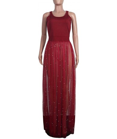 Cover-Ups Women Sexy Sheer Mesh Dress Bikini See Through Cover Up Sleeveless Beading Maxi Dress - Burgundy 3 - CH18EMUT5XN $3...