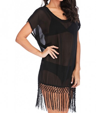 Cover-Ups Women's Tassel Bikini Cover Up Striped Chiffon Beach Cover Up Oversized Swimsuit Cover Up - Black - CP18QEKZ522 $27.78