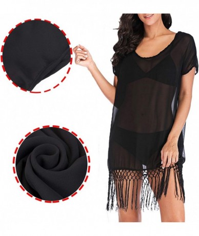 Cover-Ups Women's Tassel Bikini Cover Up Striped Chiffon Beach Cover Up Oversized Swimsuit Cover Up - Black - CP18QEKZ522 $27.78