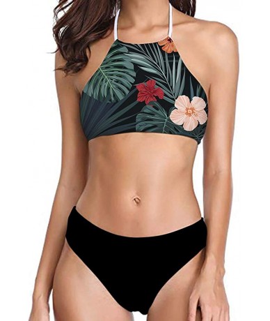 Sets Women Printed High Neck Bikini Tie Back Swimsuit 2 Piece Bathing Suit High Leg Cut - Leaf and Flower - 2025 - CB18QK3EOH...