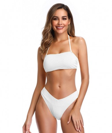 Sets Women's Bathing Suit Lace up Bandeau Bikini Ribbed Two Piece Swimsuit - Venice White - CY18SZEL6W3 $47.82