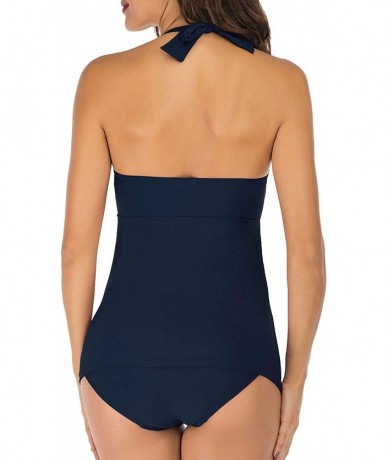 Tankinis Women's Two Piece V-Neck Halter Tankini Swimsuits Ruched Solid Bathing Suits - Deep Blue - CO18U2IHGC9 $52.83