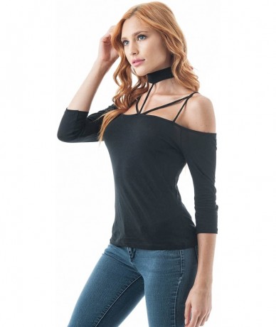 Tankinis Women's 3/4 Sleeve Open Off The Shoulder Strappy Choker Neckline Top - Black - CD187C54NUG $21.74