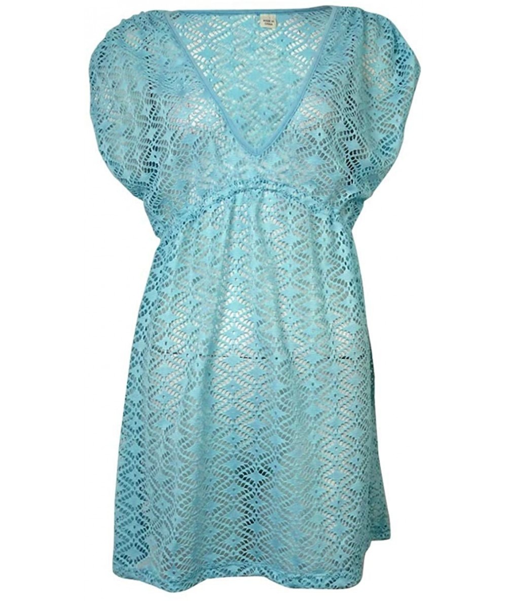 Cover-Ups Women's V-Neck Crochet Dress Swim Cover-Up - Aqua - CO17XQ68Y3O $31.58