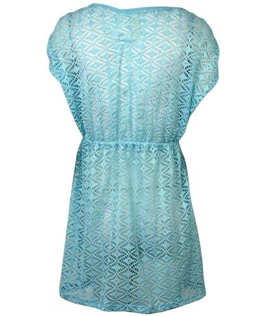 Cover-Ups Women's V-Neck Crochet Dress Swim Cover-Up - Aqua - CO17XQ68Y3O $31.58