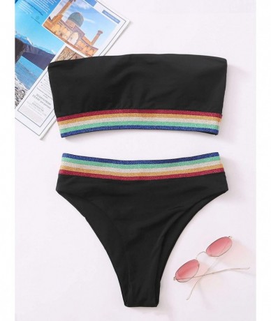 Sets Women's Bathing Suits Striped Bandeau Bikini high Waisted Swimsuits Swimwear Set - Black-2 - C019CGUD2KH $44.35