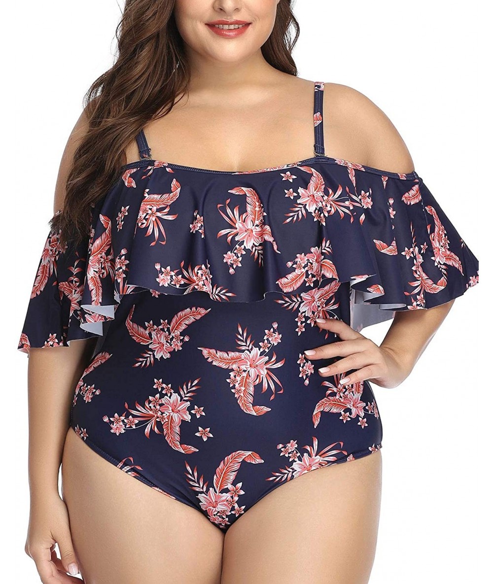 One-Pieces Plus Size Swimsuits for Women One Piece Off Shoulder Bathing Suits Ruffle Swimwear - Black Pink Floral - C8198Q52G...