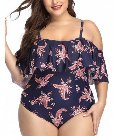 One-Pieces Plus Size Swimsuits for Women One Piece Off Shoulder Bathing Suits Ruffle Swimwear - Black Pink Floral - C8198Q52G...