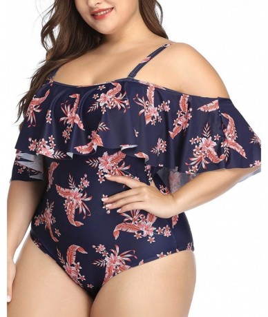 One-Pieces Plus Size Swimsuits for Women One Piece Off Shoulder Bathing Suits Ruffle Swimwear - Black Pink Floral - C8198Q52G...