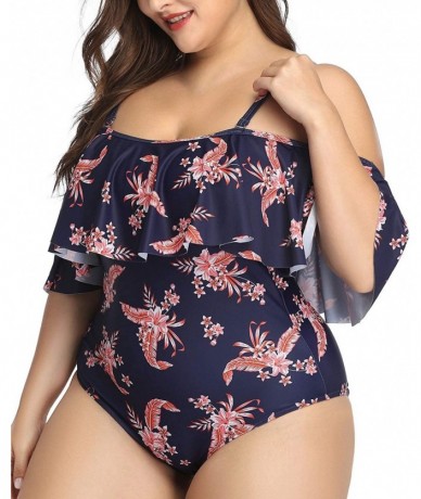 One-Pieces Plus Size Swimsuits for Women One Piece Off Shoulder Bathing Suits Ruffle Swimwear - Black Pink Floral - C8198Q52G...