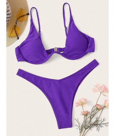 Sets Women's Sexy Triangle Bathing Two Pieces Swimsuit Bikini Set - Purple - C818Y39G6DM $33.13