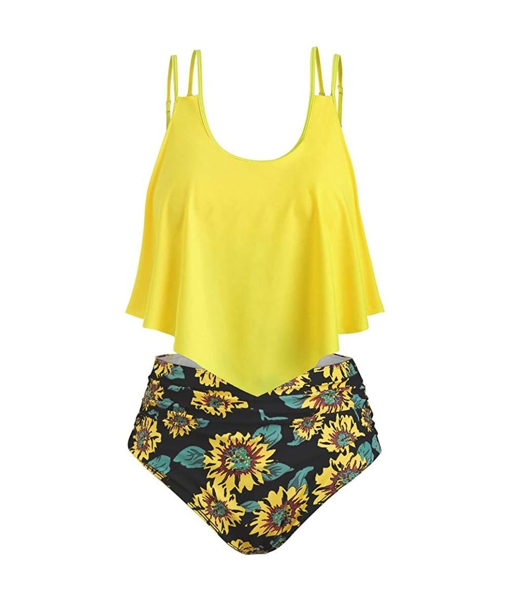 Sets 2 Piece Swimwear Plus Size Women Hight Waist Printed Bikini Set Push Up Padded Bathing Swimwear Swimsuit Yellow 3 - CA18...