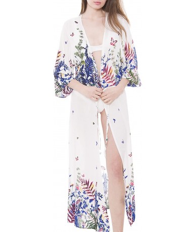 Cover-Ups Women's Summer Long Floral Kimono Beach Swimsuit Cover up Gown Cardigan Top - Butterfly-white - CY18CS7S0Z4 $27.11