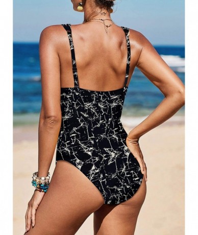 One-Pieces Womens Sexy V Neck Plunge Monokini Hollow Out One Piece Swimsuit Bathing Suit - Black Print - CF196RHY702 $43.00