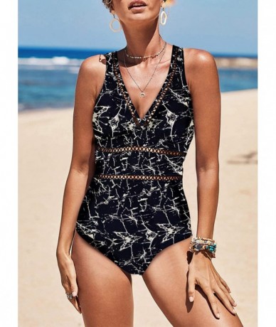 One-Pieces Womens Sexy V Neck Plunge Monokini Hollow Out One Piece Swimsuit Bathing Suit - Black Print - CF196RHY702 $43.00