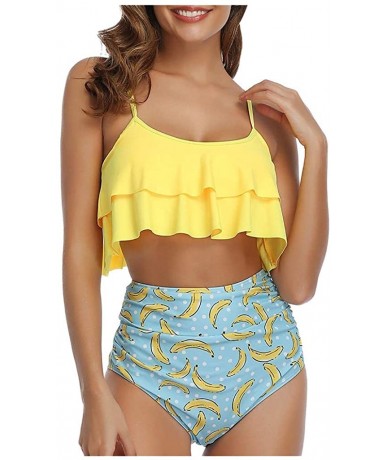 Tankinis Women Two Piece Bikini Set Print Hight Waist Bandage Push-Up Swimwear Beachwear Swimsuit - A-yellow - CG194GUGCAX $3...