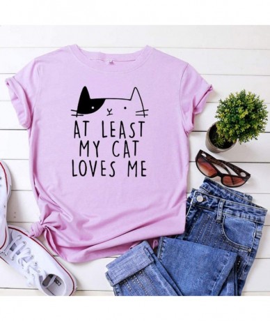 Rash Guards at Least My Cat Loves Me Letter Printed Short Sleeve Shirts for Women Casual O-Neck Summer Tops T-Shirt - Za-pink...