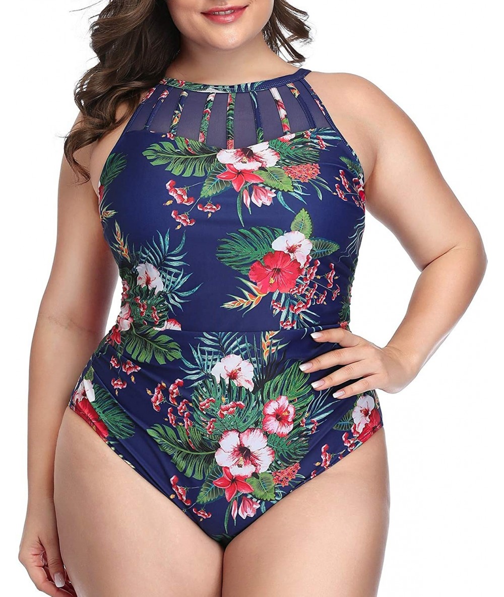 One-Pieces Women Plus Size One Piece Bathing Suits Ruched Tummy Control Swimsuit High Neck Mesh Swimwear - Blue Floral-1 - CP...