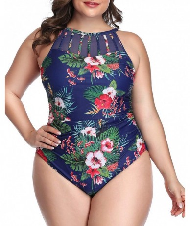 One-Pieces Women Plus Size One Piece Bathing Suits Ruched Tummy Control Swimsuit High Neck Mesh Swimwear - Blue Floral-1 - CP...