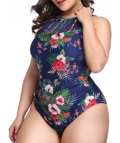 One-Pieces Women Plus Size One Piece Bathing Suits Ruched Tummy Control Swimsuit High Neck Mesh Swimwear - Blue Floral-1 - CP...