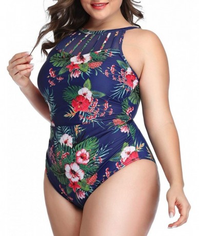 One-Pieces Women Plus Size One Piece Bathing Suits Ruched Tummy Control Swimsuit High Neck Mesh Swimwear - Blue Floral-1 - CP...