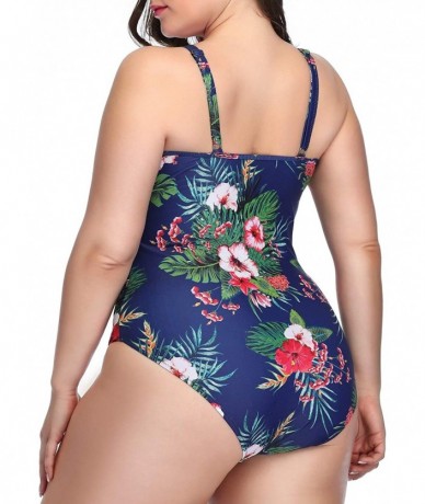 One-Pieces Women Plus Size One Piece Bathing Suits Ruched Tummy Control Swimsuit High Neck Mesh Swimwear - Blue Floral-1 - CP...