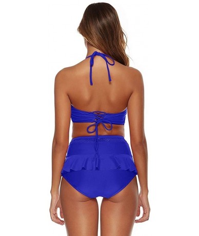 Rash Guards Women Halter V Full Cup Top w Hollow Out High Waisted Ruffled Flounce Skirt Bottom Bikini Set Two Piece Swimsuit ...