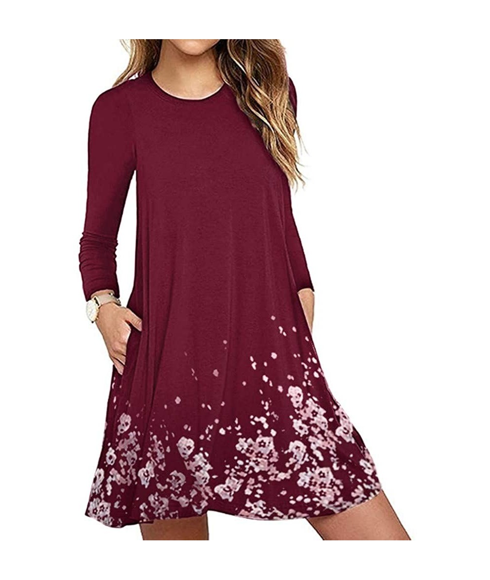 One-Pieces Women Loose Party Dress Print Pocket Lace Mini Dress Loose Party Dress - Winered - C618SQ8UY44 $31.88