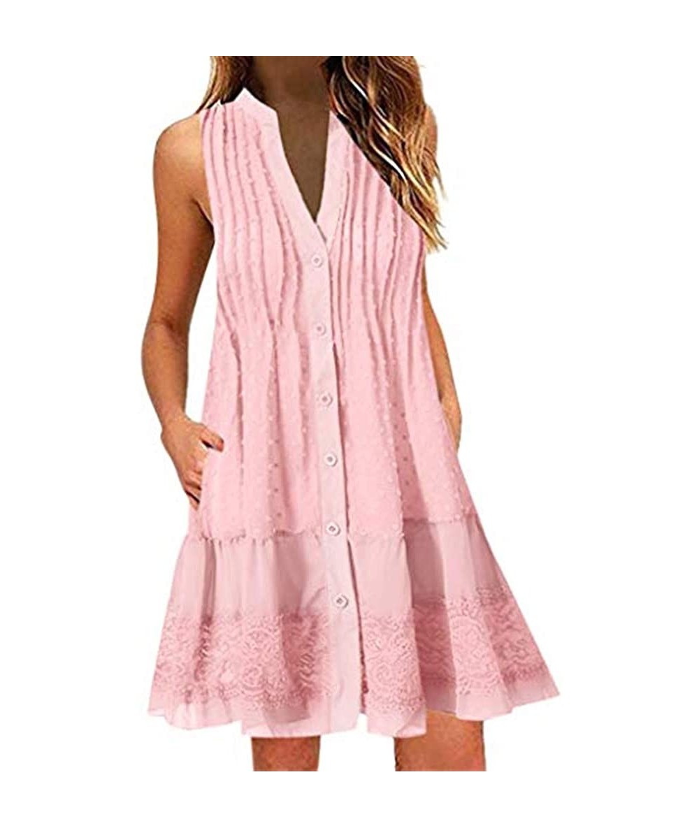 Cover-Ups Ladies Summer Large Size Dress Women's Elegant Sleeveless V Neck Party Dress Casual Tops - Pink - CI18TSUUUO8 $39.14