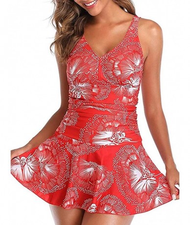 One-Pieces Plus Size Swimdress-Women's Plus Size Print Swimdress One Piece Swimsuit - Red - C4194MUW2H0 $23.30