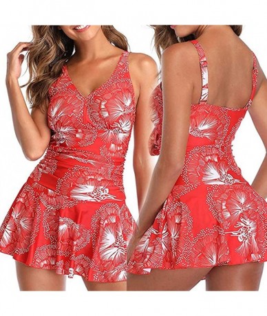 One-Pieces Plus Size Swimdress-Women's Plus Size Print Swimdress One Piece Swimsuit - Red - C4194MUW2H0 $23.30