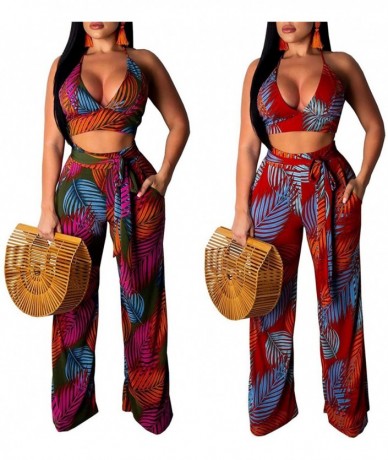 Sets Women's Two Piece Sets Floral Tie Front Short Sleeve Crop Tops Long Pants Jumpsuits - 9211green - C51962Y84LX $49.35