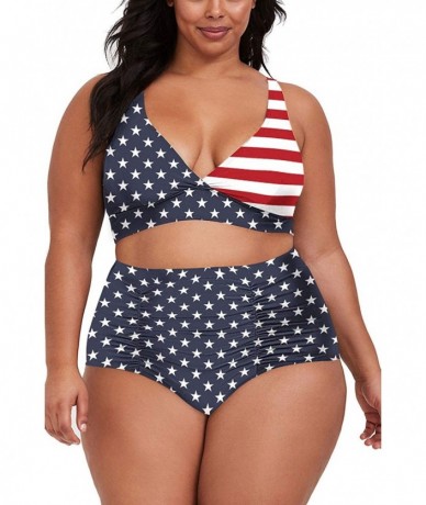 Sets Women's Plus Size High Waist Ruched Swimsuit Swimwear Bathing Suit - Us Flag Printed - CD1900K46ED $55.41