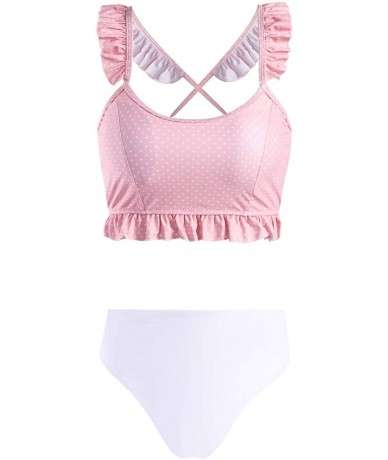 Sets Women's Two Piece Swimsuit - Spotted Ruffled Shoulder Straps Cross Weave Bikini Set - Pink - CG195I02H9U $40.30