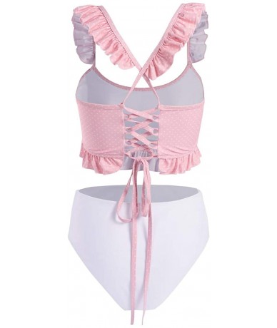 Sets Women's Two Piece Swimsuit - Spotted Ruffled Shoulder Straps Cross Weave Bikini Set - Pink - CG195I02H9U $40.30