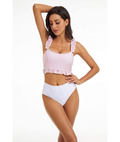 Sets Women's Two Piece Swimsuit - Spotted Ruffled Shoulder Straps Cross Weave Bikini Set - Pink - CG195I02H9U $40.30