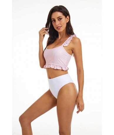 Sets Women's Two Piece Swimsuit - Spotted Ruffled Shoulder Straps Cross Weave Bikini Set - Pink - CG195I02H9U $40.30