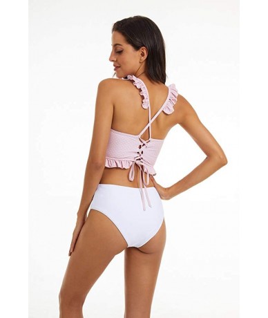 Sets Women's Two Piece Swimsuit - Spotted Ruffled Shoulder Straps Cross Weave Bikini Set - Pink - CG195I02H9U $40.30