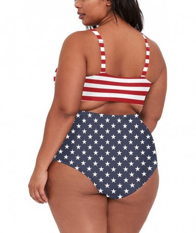 Sets Women's Plus Size High Waist Ruched Swimsuit Swimwear Bathing Suit - Us Flag Printed - CD1900K46ED $55.41