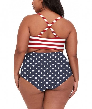 Sets Women's Plus Size High Waist Ruched Swimsuit Swimwear Bathing Suit - Us Flag Printed - CD1900K46ED $55.41