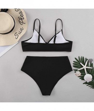 Sets Women's Two Piece Bikini Sets Sexy Twisted Spaghetti Strap High Waist V Neck Swimwear Beachwear - Black - CZ199ZG5OZL $4...