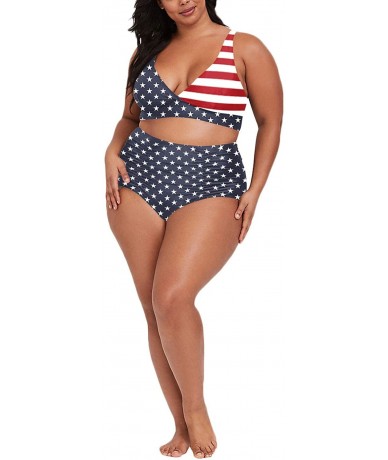 Sets Women's Plus Size High Waist Ruched Swimsuit Swimwear Bathing Suit - Us Flag Printed - CD1900K46ED $55.41