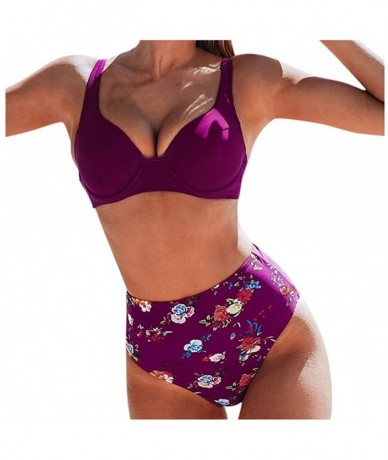 Tops Women Printed Swimsuits Set Plus Size High Waist Bathsuit Top with Swim Bottom - Purple - CR196R88DWR $87.55