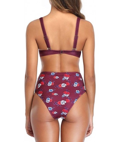 Tops Women Printed Swimsuits Set Plus Size High Waist Bathsuit Top with Swim Bottom - Purple - CR196R88DWR $87.55