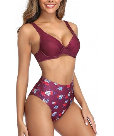 Tops Women Printed Swimsuits Set Plus Size High Waist Bathsuit Top with Swim Bottom - Purple - CR196R88DWR $87.55