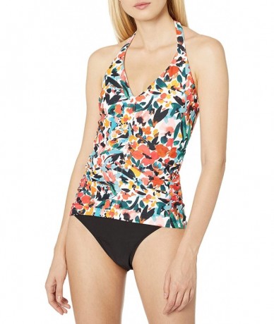 Tops Women's Shirred Front Halter Tankini Swim Top - Sunset Floral - CY18ZQ7Q6NY $44.57